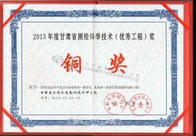 省测绘科技奖铜奖（甘肃省泾河干流泾川县城西沟~蔡家咀、长庆桥~陕甘交界段堤防护理工程）